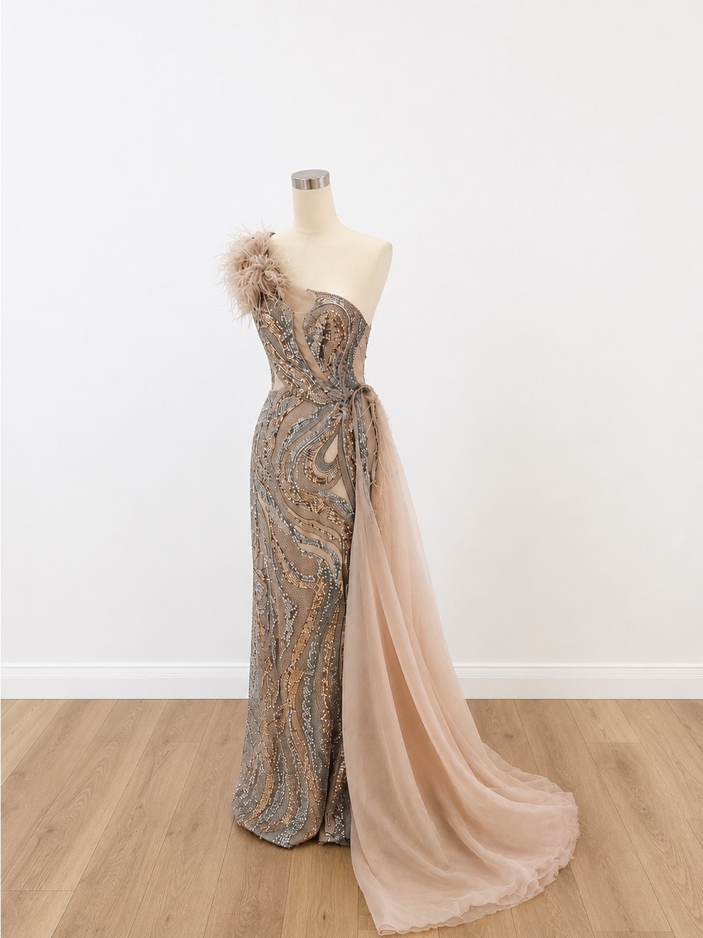 One-Shoulder Sequin & Feather Evening Gown in Blush
